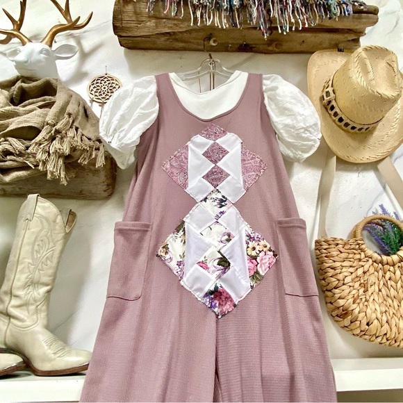 Farmhouse Patchwork dusty blush waffle boho prairie artisan Jumpsuit - Picture 7 of 10
